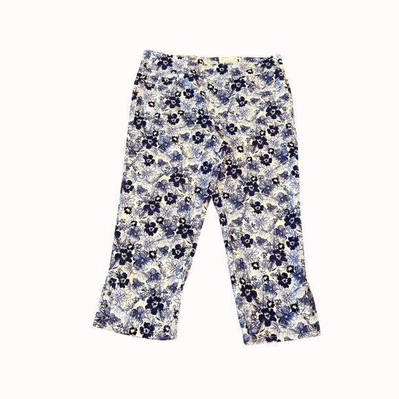 Westbound Pull On Capri Pants Size 16 Mid Rise Blue White Floral Tummy Control - Picture 2 of 16